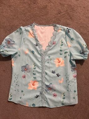 Light Blue Floral Lace-Trim Women’s Blouse
